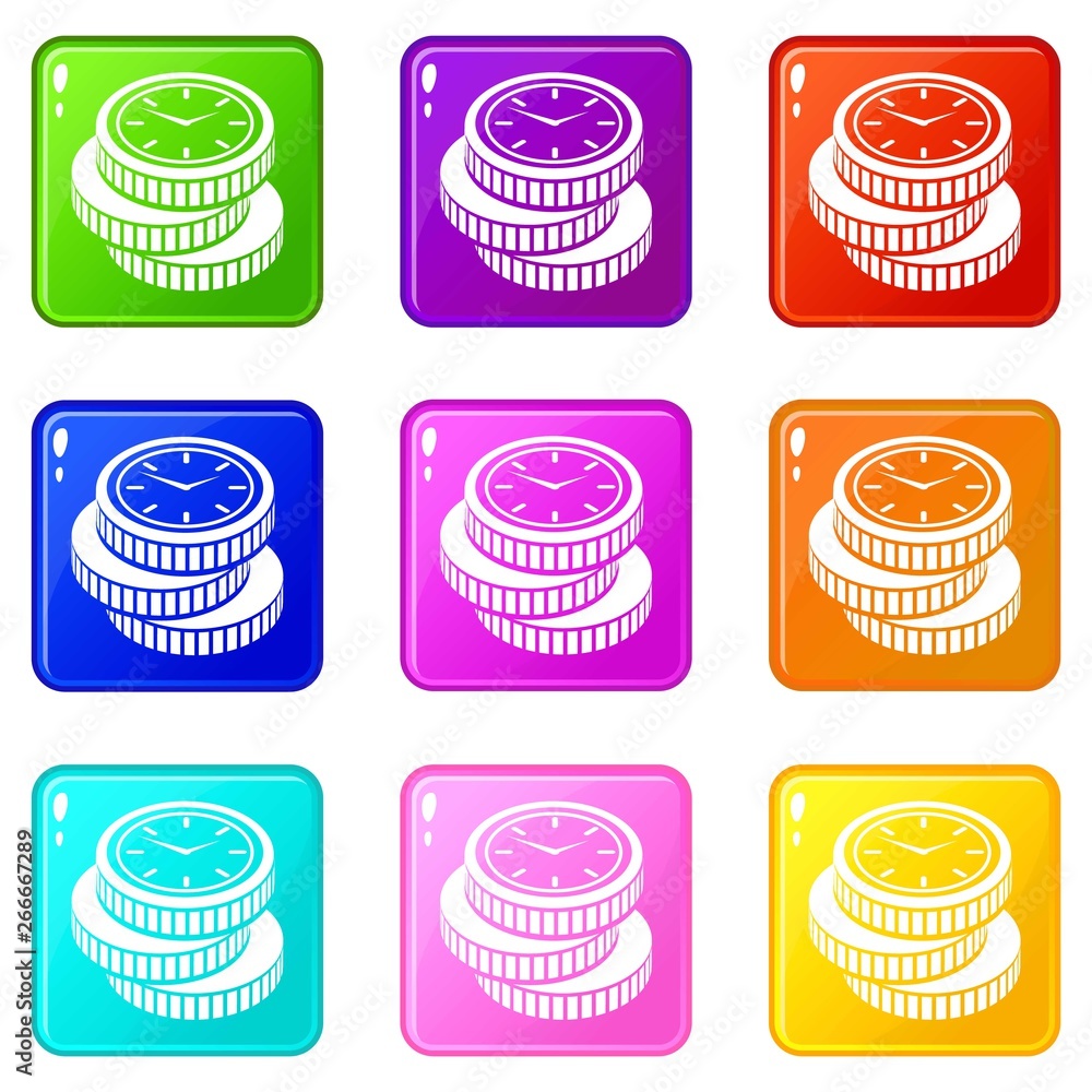 Poster coin icons set 9 color collection isolated on white for any design