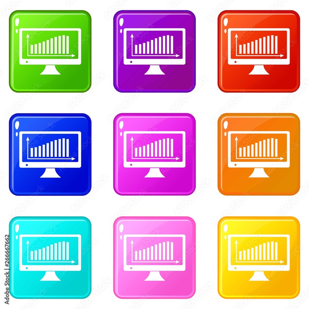 Poster graph on the monitor icons set 9 color collection isolated on white for any design