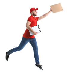 Running delivery man with box and clipboard on white background