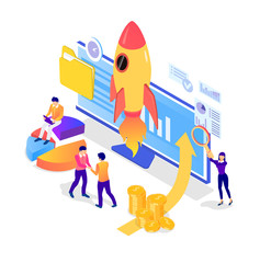New business start up. Illustration with computer, rocket, money and people.