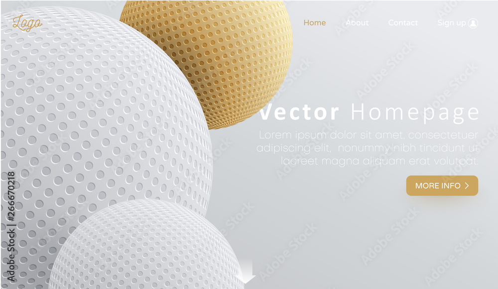 Wall mural white web homepage template with buttons and 3d balls.