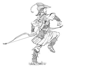 Marching Robin Hood. Robin Hood in a hat with feather. Defender of weak. Medieval legends. Heroes of medieval legends. Halftone background.