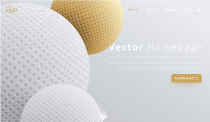 White web homepage template with buttons and 3d balls.