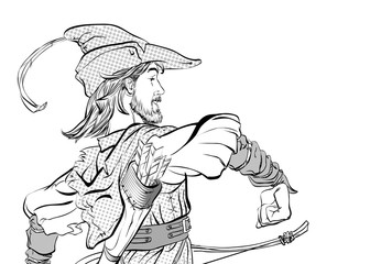 Marching Robin Hood. Robin Hood in a hat with feather. Defender of weak. Medieval legends. Heroes of medieval legends. Halftone background.