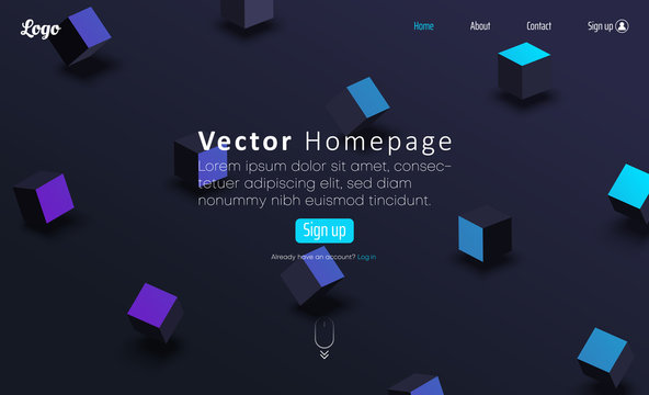 Purple Web Homepage Template With Icons And Blue Abstract Cubes Pattern.