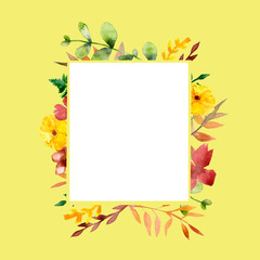 Fototapeta premium Hand-painted watercolor square frame from a large set of useful orange, burgundy and yellow flowers, twigs and leaves, isolated on a yellow background, for decorating textiles, jewelry, cards.