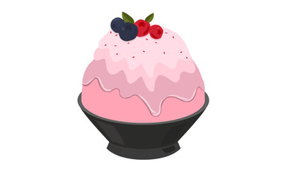 Pink milk kakigori or Japanese shaved ice dessert flavored, Topped with pink whipped cream, blueberry and red currant