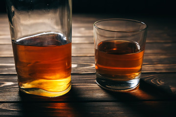 Alcoholic addict. Empty bottle and a glass. Dangerous habit. Unhealthy life concept. Social problem.