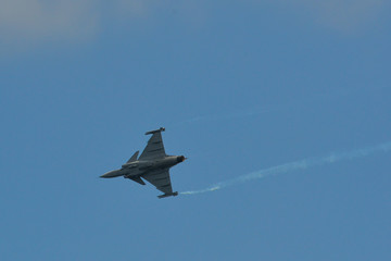 A fighter aircraft flying for display