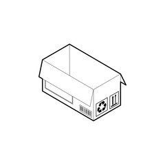 Outline box icon. Empty cardboard corrugated box with 2 top flaps open. Isometric vector isolated on white background.