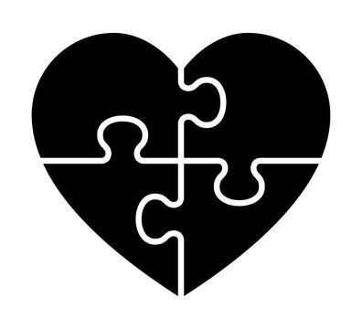Heart puzzle with 4 pieces or solving love flat vector icon for apps and websites.