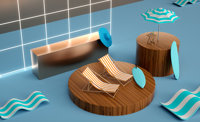 Blue wood 3d render image Summer beach image flat style 3d lounge sunbed idea Travel vacation idea design Vacation hipster accessories umbrella sunbath wave pattern