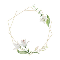Watercolor vector hand painted wreath of flowers, green leaves and gold geometric frame.