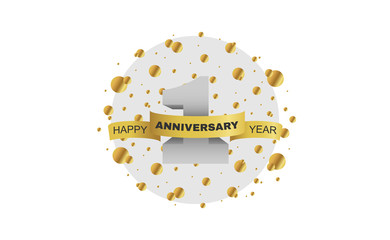 1 year anniversary celebration logo with golden drop and ribbon isolated on white medal plate background. Vector 3d luxury design for invitation and greeting card, banner and poster - Vector