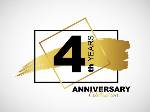 4th golden anniversary icon celebration with frame and hand drawn ink brush gold ribbon. Vector template element for your 4 birthday party poster greeting card on white background and black number.