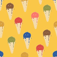 Kawaii ice cream in a cone, hand drawn illustracion, vector seamless pattern. Colorful drawing isolated on fresh yellow background. 