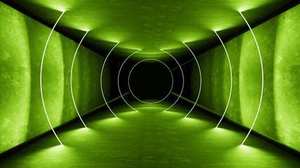 Night club interior green lights 3d render for laser show. Glowing green lines. Abstract fluorescent green background. Green neon room corridor background. Light abstract futuristic design. Modern