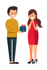 Fototapeta premium Vector illustration of men in casual clothes with present and girl with long hair in red dress on the white background.Cartoon realistic people illustation. Flat young couple. Front view people. 