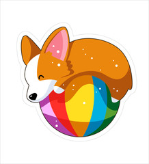 Dog emoji sticker, patch. Vector illustration. Cartoon Corgi. Welsh corgi. Cute Welsh Corgi Pembroke cartoon. Cute dog breed welsh corgi. Flat style. Dog with big colorful ball.