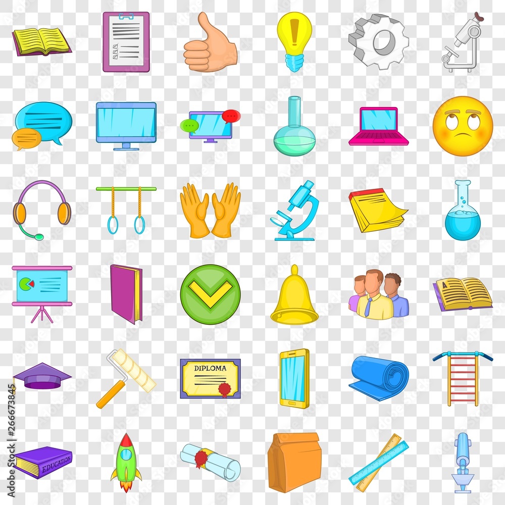 Poster computer learning icons set. cartoon style of 36 computer learning vector icons for web for any desi