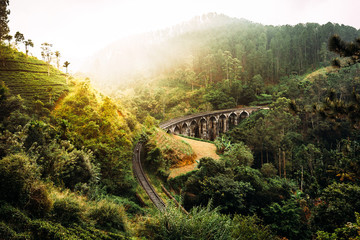 Nine-arch bridge in Sri Lanka. Beautiful railway bridge in Asia. Nature of Sri Lanka. Tea plantations in Asia. Colonial architecture - obrazy, fototapety, plakaty