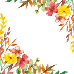 Autumn pattern of burgundy and yellow flowers, leaves and branches. Hand-painted watercolor frame from a large set of useful orange, burgundy and yellow flowers, branches and leaves.