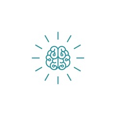 Blue line brain with rays icon. Intellect, phsychology, knowledge simple pictogram isolated on white.