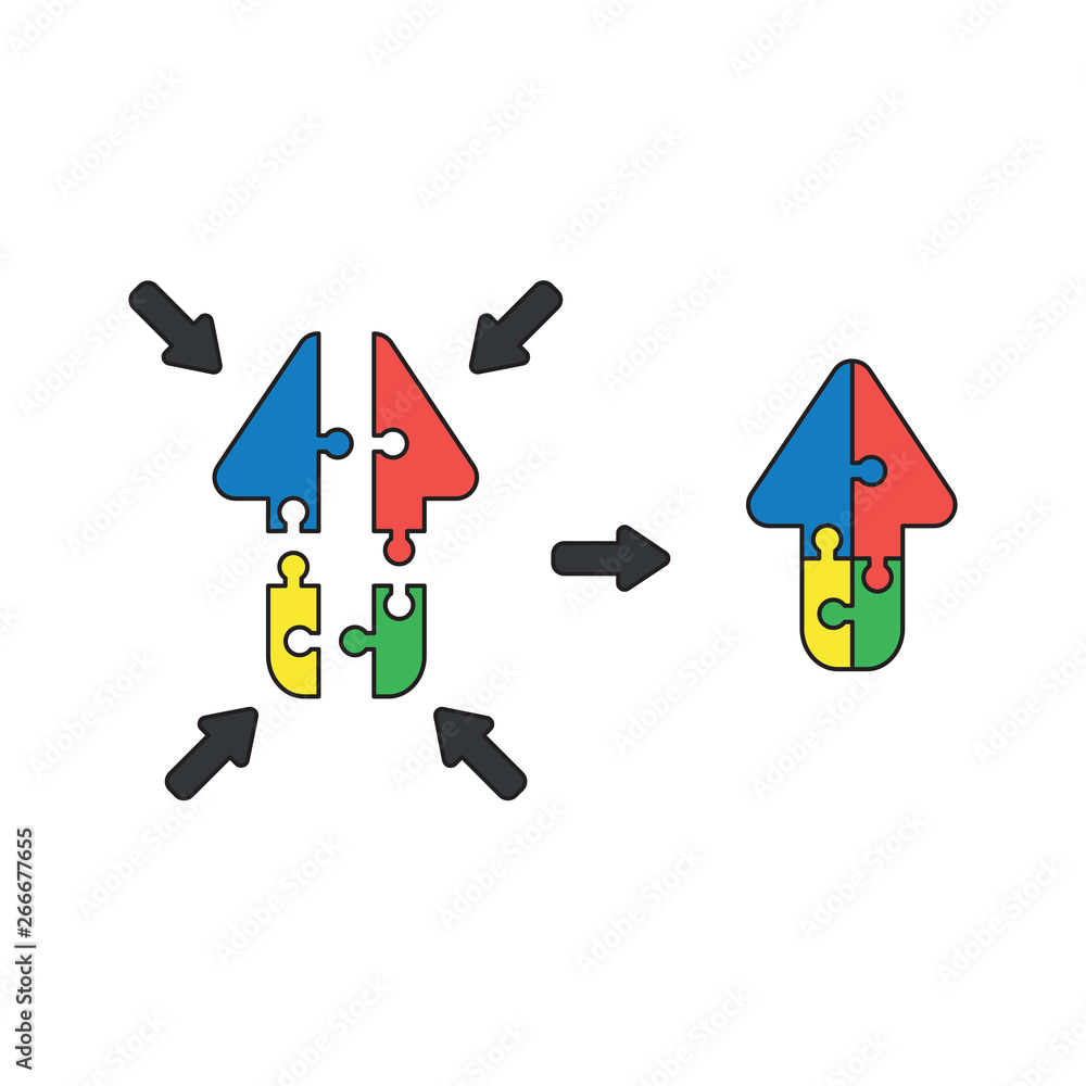 Poster vector icon concept of arrow shaped puzzle pieces showing up and connect.