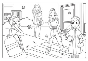 Coloring Book Of Girls Go In City On Autumn
