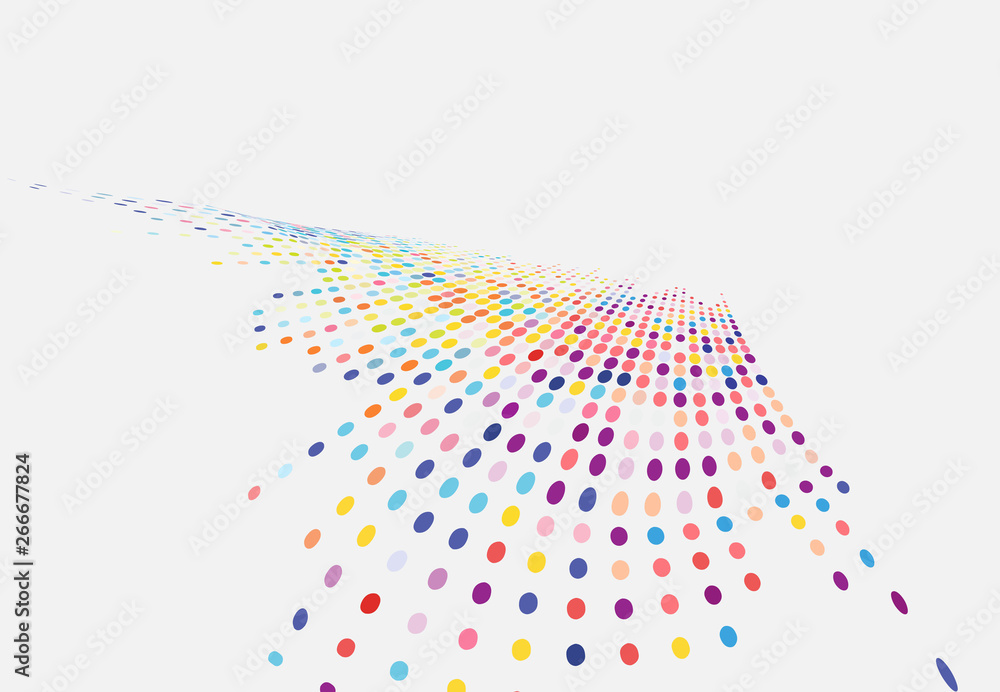 Poster abstract colorful halftone texture wave dots pattern perspective isolated on white background.
