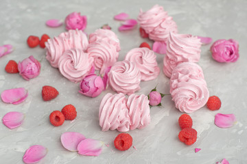 Rose and rose petals, raspberries, homemade pink marshmallows on a concrete background
