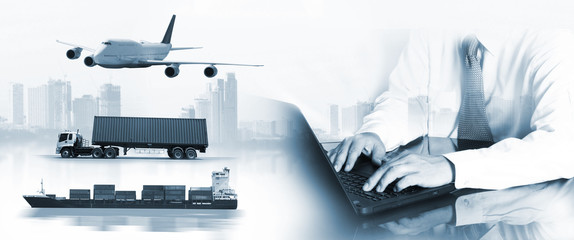 Double exposure of man with world map for logistic network distribution on background and Logistics Industrial Container Cargo freight ship for shipping and Transportation, import-export