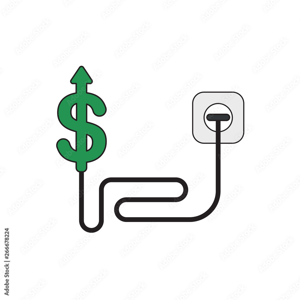 Poster vector icon concept of dollar symbol with cable and plugged into outlet and arrow moving up.