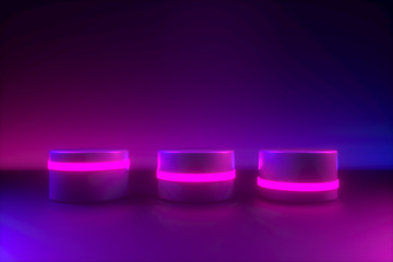 Blue pink neon light, empty postament, 80's retro style, fashion show stage, abstract background. Ultraviolet light. 3d rendering