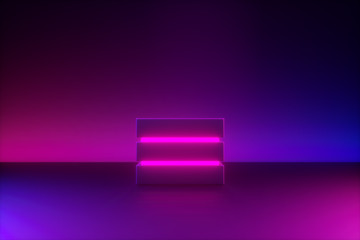 Square podium with blue pink neon light, minimalistic primitive shapes, modern mock up, empty showcase, shop display. 3d rendering.