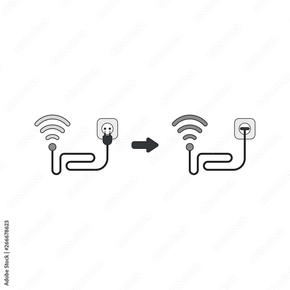 Poster vector icon concept of wireless wifi symbol with cable and plugged into outlet and signal increased.