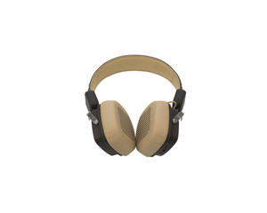 Soft brown and beige wireless headphones isolated on white background. Bluetooth earphones.