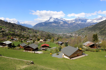 Route de Saint-Nicolas de Véroce. Vue sur Saint-Gervais-les-Bains. Alpes Françaises. / Road of Saint-Nicolas de Véroce. View of Saint-Gervais-les-Bains. French Alps.