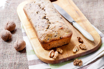 Banana cake with walnuts and dark chocolate