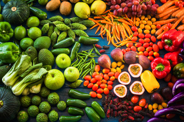 Various vegetables organic, Top view different fresh fruits and vegetables for healthy lifestyle, Many raw produce for eating healthy and dieting