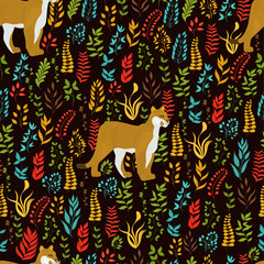 Seamless vector pattern with lioness and plants on dark brown background.