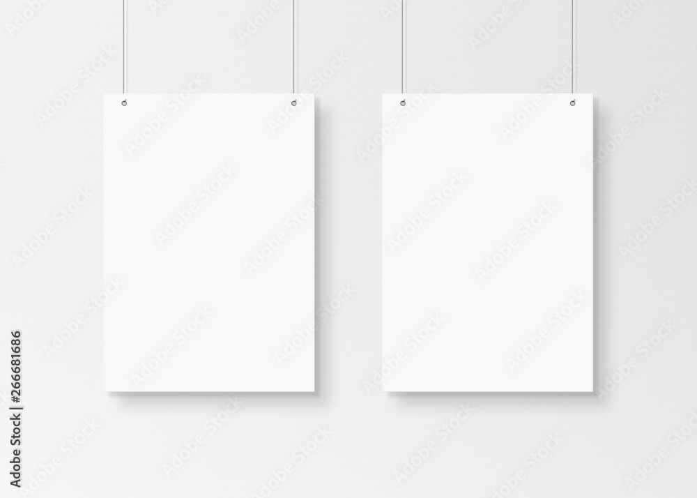 Aufkleber White poster isolated hanging by strings on wall mockup 3D rendering