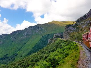 LA RHUNE, FRANCE - march 28, 2019:Rhune Gear Train. Old wooden train and rack railway system in Franci that ascends Mount Larrun, border between Spain and France.