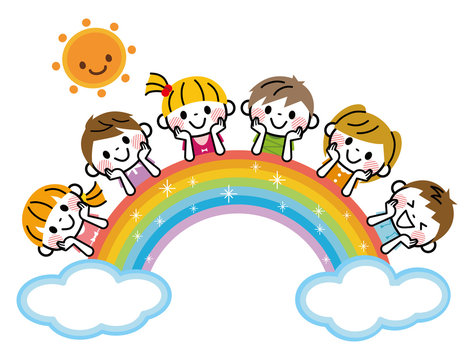 Cartoon happy kids with rainbow — Stock Vector © sunart #4433101
