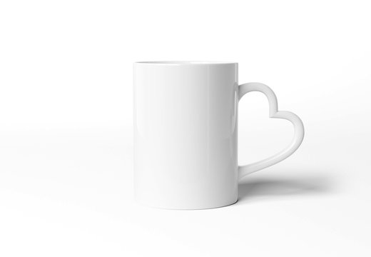 Blank mug mockup with heart handle isolated on white background 3d rendering