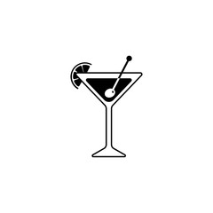 Black Silhouette of a Martini glass with slice of lime or lemon. cocktail icon with olive and stick