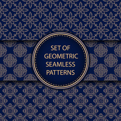 Compilation of seamless patterns. Oriental ethnic golden blue set of backgrounds
