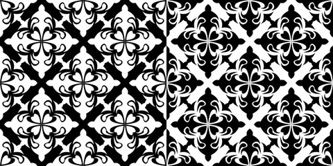 Floral seamless patterns. Black and white monochrome backgrounds compilation