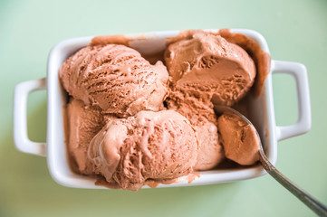 Chocolate ice cream balls close up and copy space