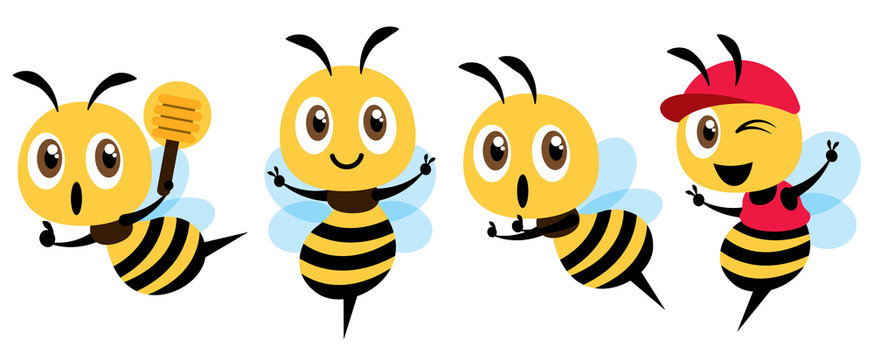cartoon cute bee mascot set flat design. Cartoon cute bee showing victory sign, holding a honey dipper and wearing cap. Flat Vector illustration isolated